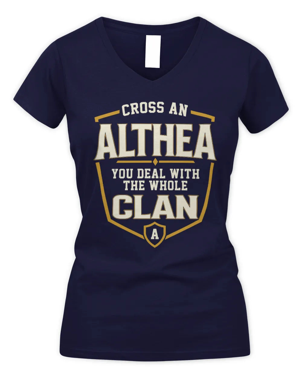 ALTHEA NT1-K008 Cross A/An NAME, You Deal With the Whole Clan | Personalized Vintage T-Shirt - Women's V-Neck T-Shirt - Navy