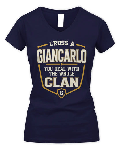 GIANCARLO NT1-K008 Cross A/An NAME, You Deal With the Whole Clan | Personalized Vintage T-Shirt - Women's V-Neck T-Shirt - Navy