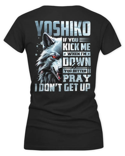 YOSHIKO AP62-K4-666 - Personalized Fierce Wolf Quote Apparel “If You Kick Me When I’m Down, You Better Pray I Don’t Get Up” - Women's V-Neck T-Shirt - Black