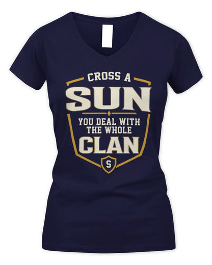 SUN NT1-K008 Cross A/An NAME, You Deal With the Whole Clan | Personalized Vintage T-Shirt - Women's V-Neck T-Shirt - Navy