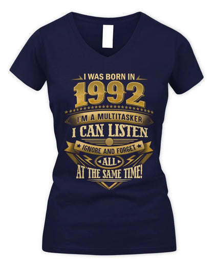 1992 HH89-K2 – Funny Birth Year Multitasker Quote T-Shirt - Women's V-Neck T-Shirt - Navy