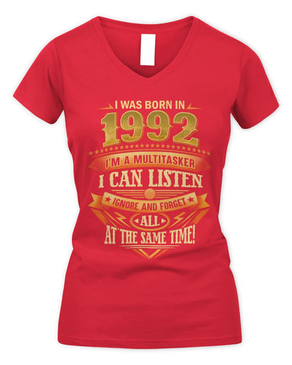 1992 HH89-K2 – Funny Birth Year Multitasker Quote T-Shirt - Women's V-Neck T-Shirt - Red