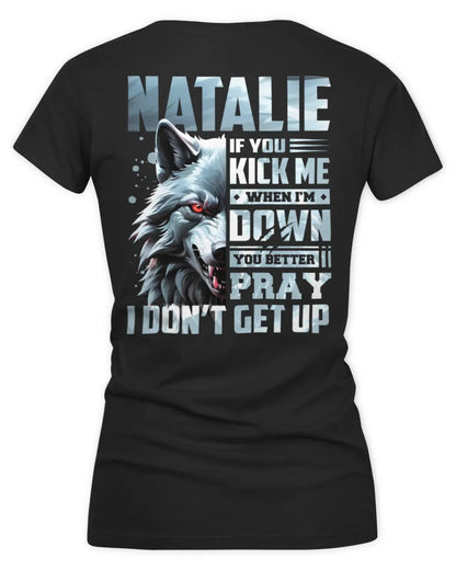 NATALIE AP62-K4-666 - Personalized Fierce Wolf Quote Apparel “If You Kick Me When I’m Down, You Better Pray I Don’t Get Up” - Women's V-Neck T-Shirt - Black