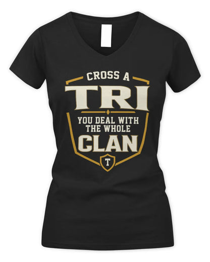 TRI NT1-K008 Cross A/An NAME, You Deal With the Whole Clan | Personalized Vintage T-Shirt - Women's V-Neck T-Shirt - Black