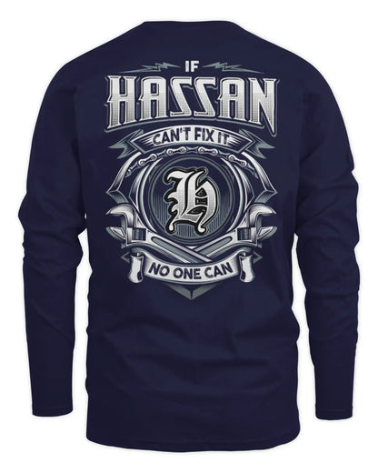 HASSAN AP81-K4-626 - Personalized Ahmed Quote Apparel “If Ahmed Can't Fix It, No One Can” - Men's Long Sleeved T-Shirt - Navy