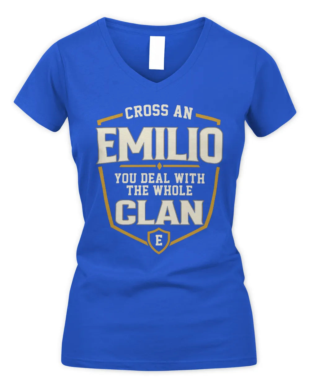 EMILIO NT1-K008 Cross A/An NAME, You Deal With the Whole Clan | Personalized Vintage T-Shirt - Women's V-Neck T-Shirt - Royal