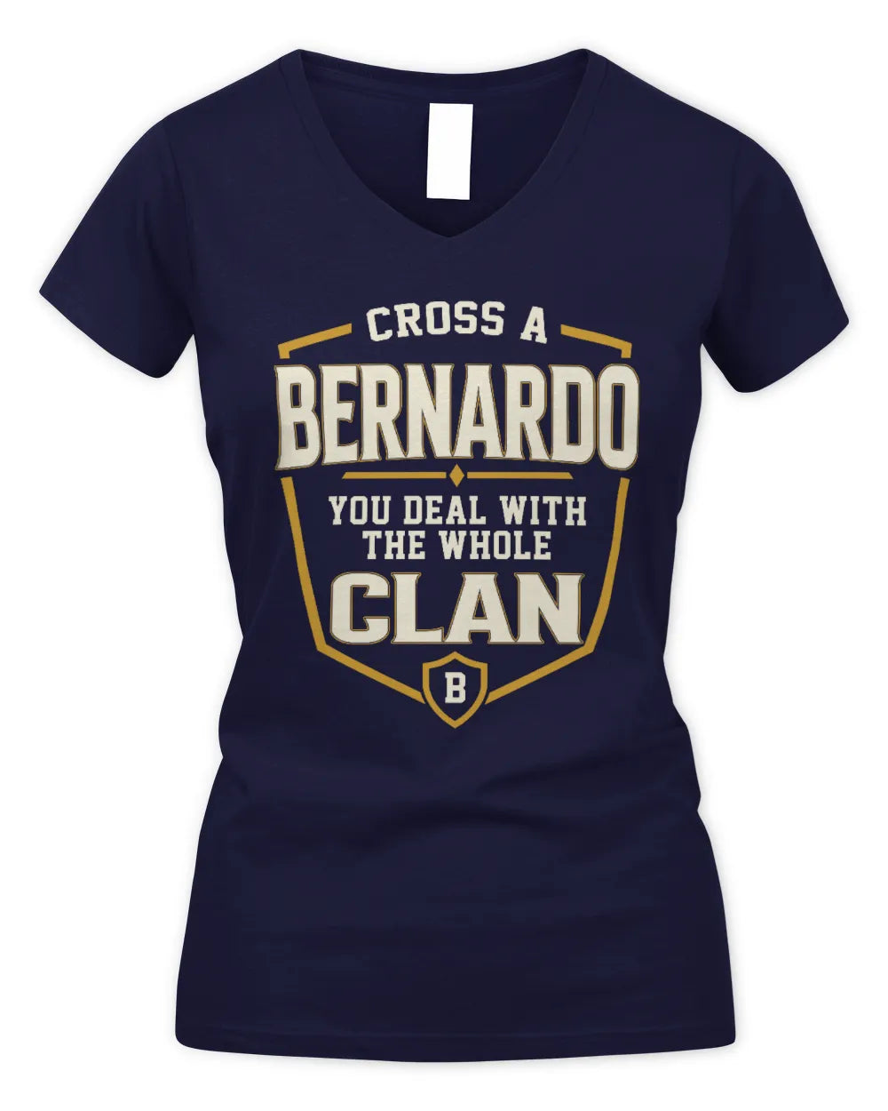 BERNARDO NT1-K008 Cross A/An NAME, You Deal With the Whole Clan | Personalized Vintage T-Shirt - Women's V-Neck T-Shirt - Navy