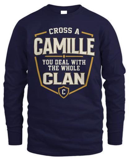 CAMILLE NT1-K008 Cross A/An NAME, You Deal With the Whole Clan | Personalized Vintage T-Shirt - Men's Long Sleeved T-Shirt - Navy
