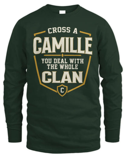 CAMILLE NT1-K008 Cross A/An NAME, You Deal With the Whole Clan | Personalized Vintage T-Shirt - Men's Long Sleeved T-Shirt - Forest Green
