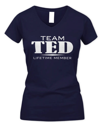 TED BL62-K4-128 - Personalized “Team NAME Lifetime Member” - Women's V-Neck T-Shirt - Navy