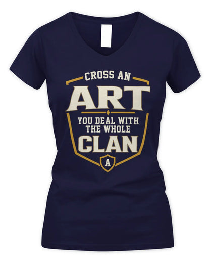 ART NT1-K008 Cross A/An NAME, You Deal With the Whole Clan | Personalized Vintage T-Shirt - Women's V-Neck T-Shirt - Navy