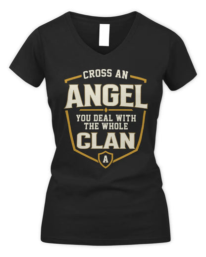 ANGEL NT1-K008 Cross A/An NAME, You Deal With the Whole Clan | Personalized Vintage T-Shirt - Women's V-Neck T-Shirt - Black