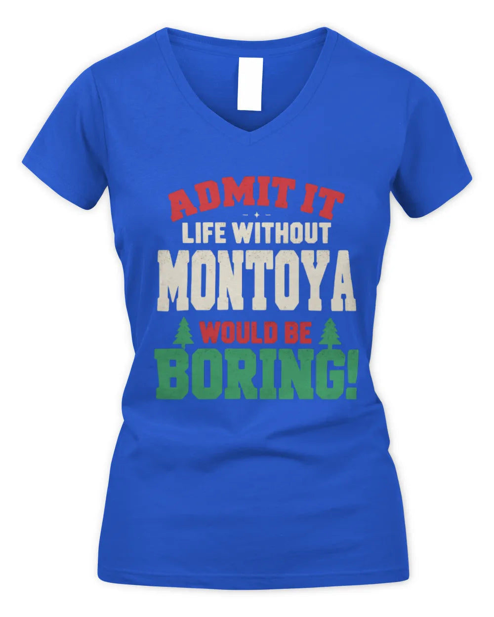MONTOYA P5 TH08 Christmas T-Shirt – “Life Without NAME Would Be Boring” - Women's V-Neck T-Shirt - Royal
