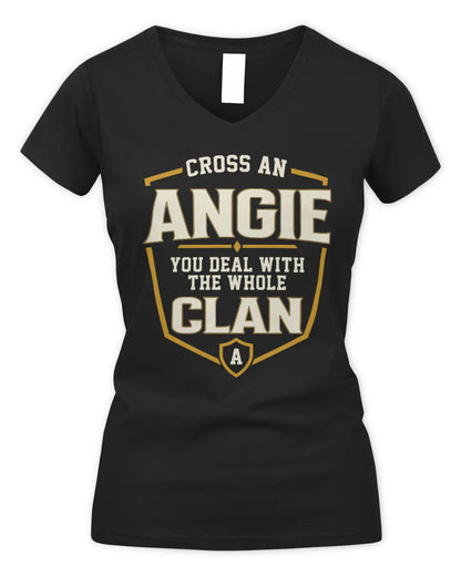 ANGIE NT1-K008 Cross A/An NAME, You Deal With the Whole Clan | Personalized Vintage T-Shirt - Women's V-Neck T-Shirt - Black