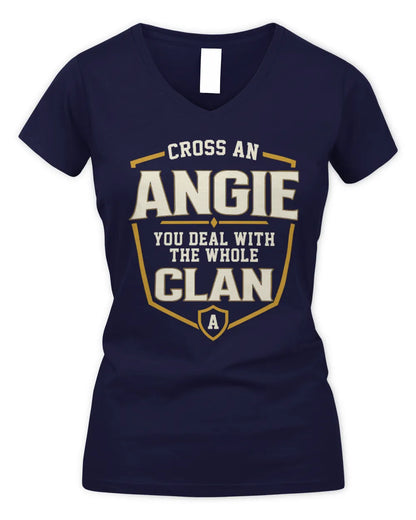 ANGIE NT1-K008 Cross A/An NAME, You Deal With the Whole Clan | Personalized Vintage T-Shirt - Women's V-Neck T-Shirt - Navy