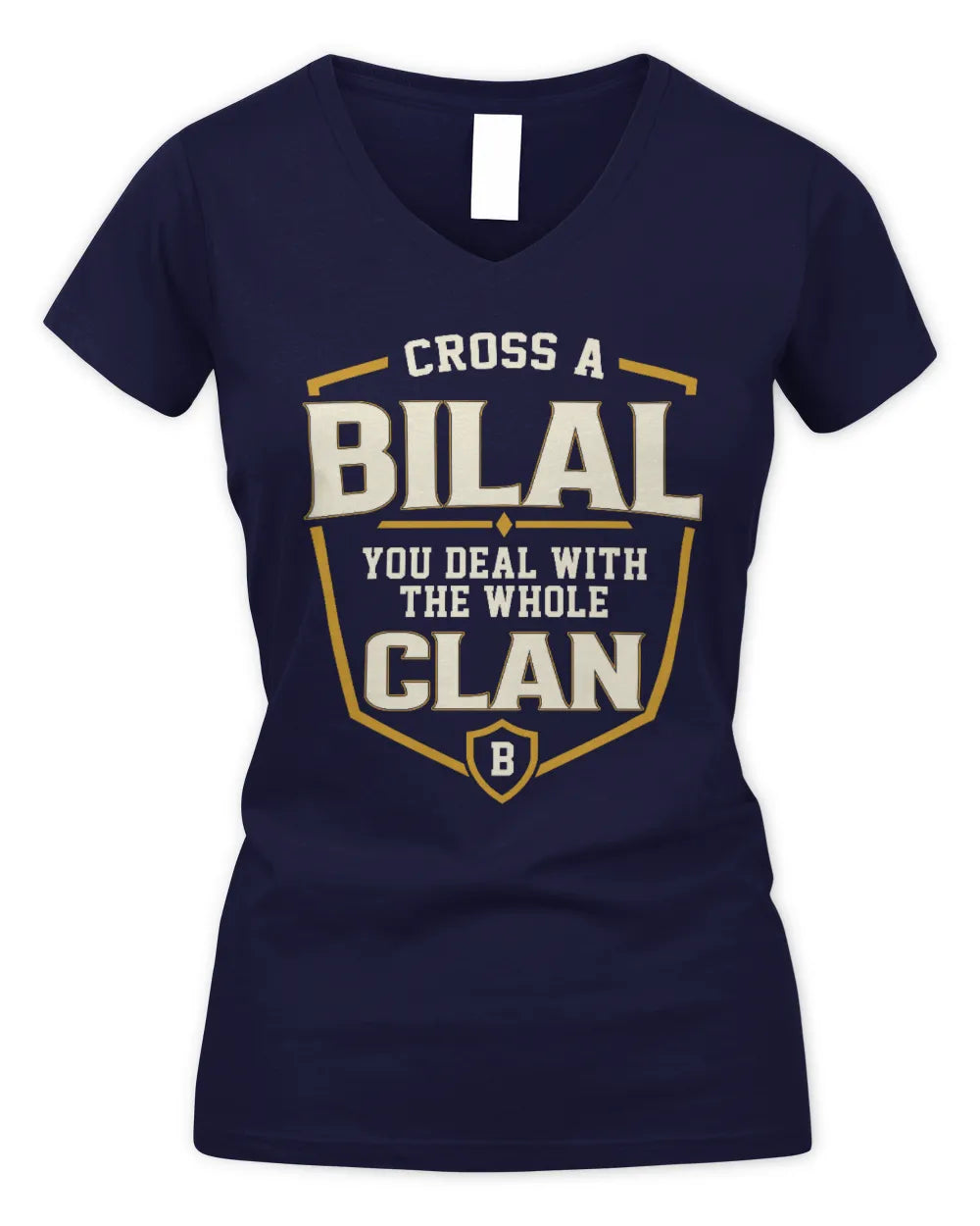 BILAL NT1-K008 Cross A/An NAME, You Deal With the Whole Clan | Personalized Vintage T-Shirt - Women's V-Neck T-Shirt - Navy