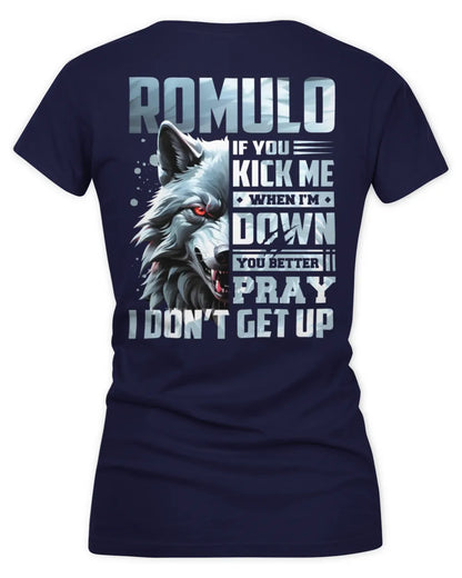 ROMULO AP62-K4-666 - Personalized Fierce Wolf Quote Apparel “If You Kick Me When I’m Down, You Better Pray I Don’t Get Up” - Women's V-Neck T-Shirt - Navy