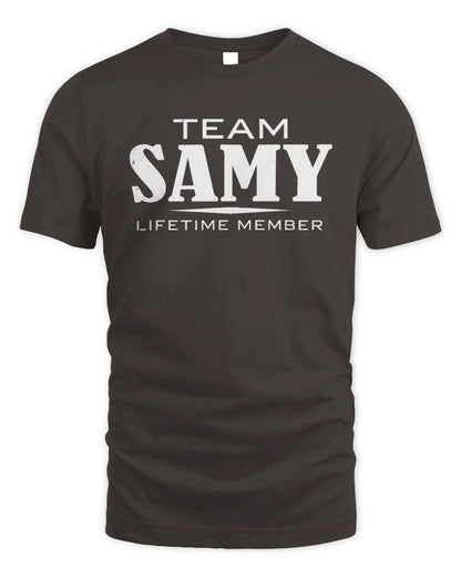 SAMY BL62-K4-128 - Personalized “Team NAME Lifetime Member” - Unisex Standard T-Shirt - Dark Chocolate
