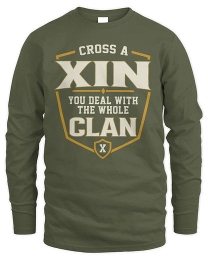 XIN NT1-K008 Cross A/An NAME, You Deal With the Whole Clan | Personalized Vintage T-Shirt - Men's Long Sleeved T-Shirt - Military Green