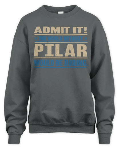 PILAR TP68-K2-968 – Personalized Funny Quote Apparel “The World Without NAME Would Be Boring” - Unisex Sweatshirt - Charcoal