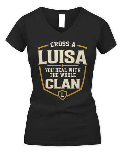LUISA NT1-K008 Cross A/An NAME, You Deal With the Whole Clan | Personalized Vintage T-Shirt - Women's V-Neck T-Shirt - Black