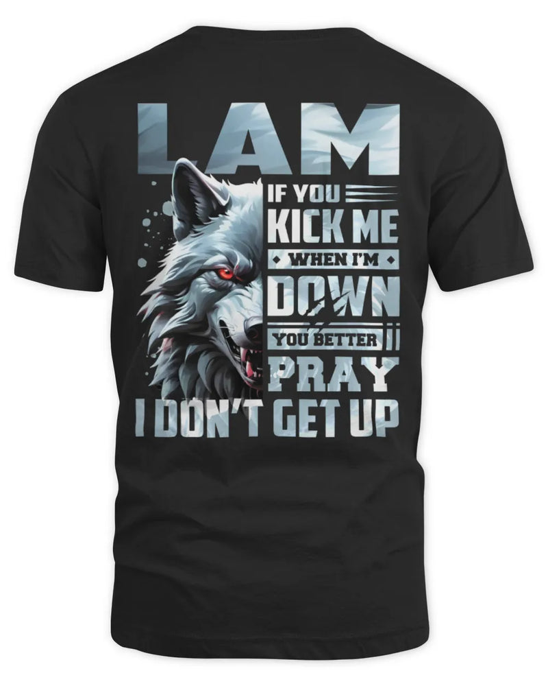 LAM AP62-K4-666 - Personalized Fierce Wolf Quote Apparel “If You Kick Me When I’m Down, You Better Pray I Don’t Get Up” - Unisex Standard T-Shirt - Black