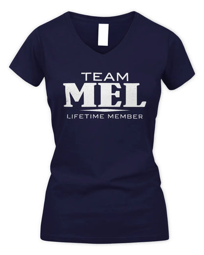 MEL BL62-K4-128 - Personalized “Team NAME Lifetime Member” - Women's V-Neck T-Shirt - Navy