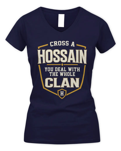HOSSAIN NT1-K008 Cross A/An NAME, You Deal With the Whole Clan | Personalized Vintage T-Shirt - Women's V-Neck T-Shirt - Navy