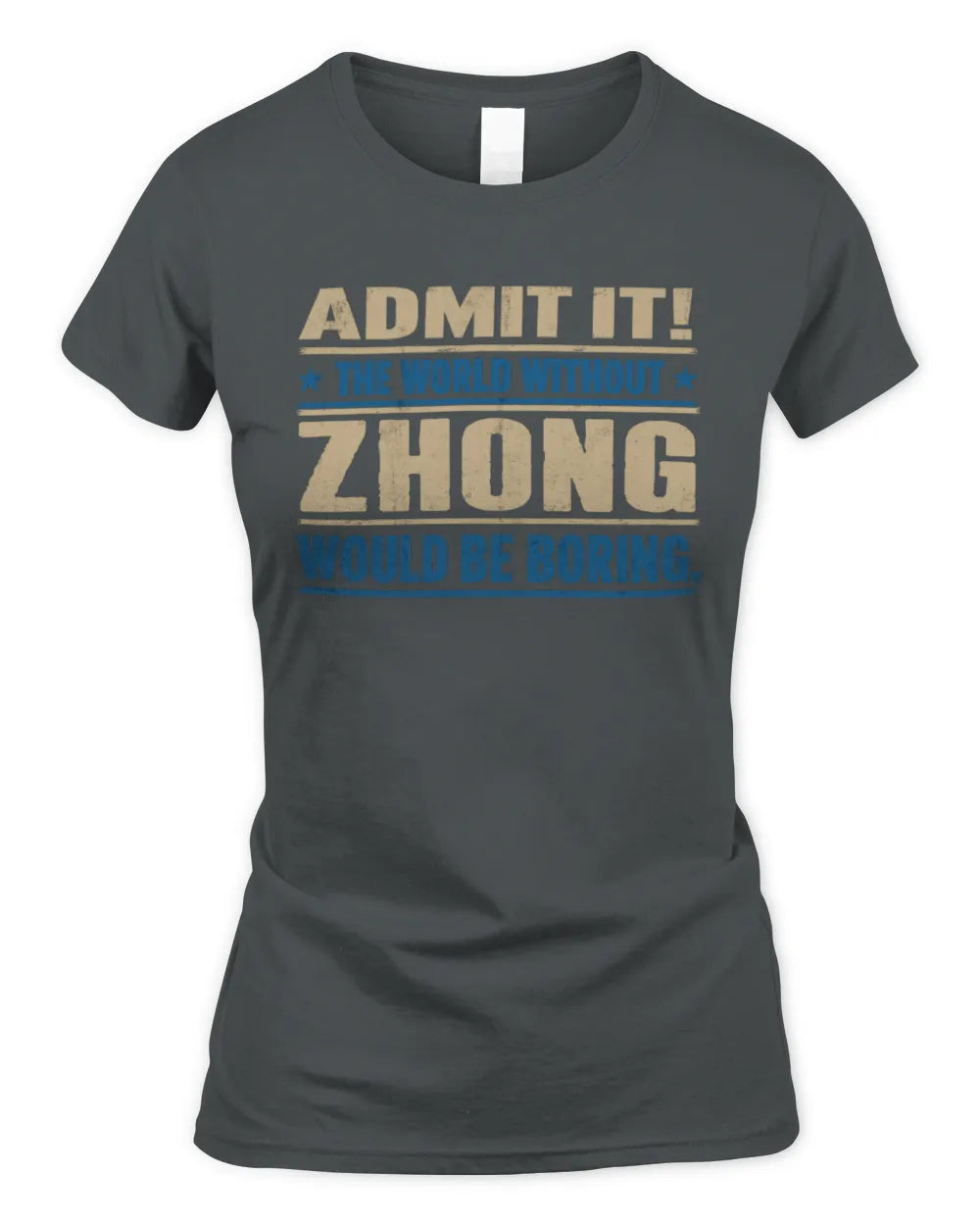 ZHONG TP68-K2-968 – Personalized Funny Quote Apparel “The World Without NAME Would Be Boring” - Women's Standard T-Shirt - Charcoal