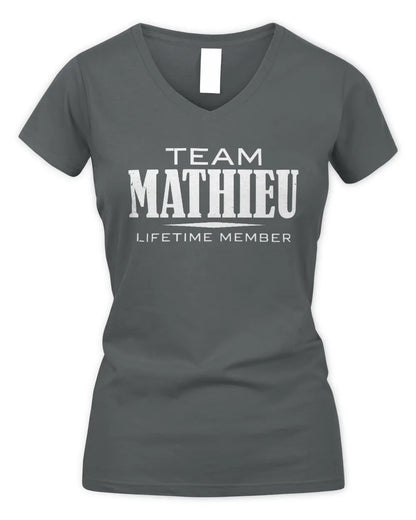 MATHIEU BL62-K4-128 - Personalized “Team NAME Lifetime Member” - Women's V-Neck T-Shirt - Charcoal