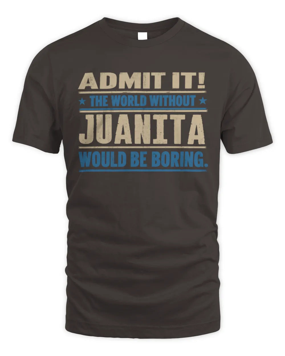 JUANITA TP68-K2-968 – Personalized Funny Quote Apparel “The World Without NAME Would Be Boring” - Unisex Standard T-Shirt - Dark Chocolate