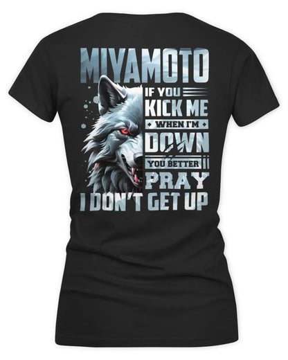 MIYAMOTO AP62-K4-666 - Personalized Fierce Wolf Quote Apparel “If You Kick Me When I’m Down, You Better Pray I Don’t Get Up” - Women's V-Neck T-Shirt - Black