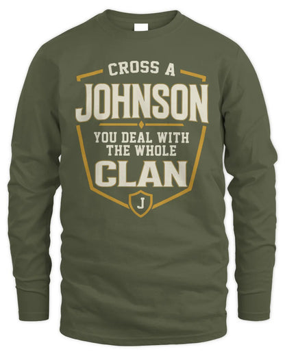 JOHNSON NT1-K008 Cross A/An NAME, You Deal With the Whole Clan | Personalized Vintage T-Shirt - Men's Long Sleeved T-Shirt - Military Green