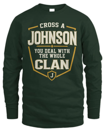 JOHNSON NT1-K008 Cross A/An NAME, You Deal With the Whole Clan | Personalized Vintage T-Shirt - Men's Long Sleeved T-Shirt - Forest Green