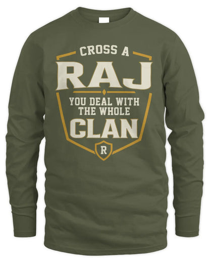 RAJ NT1-K008 Cross A/An NAME, You Deal With the Whole Clan | Personalized Vintage T-Shirt - Men's Long Sleeved T-Shirt - Military Green