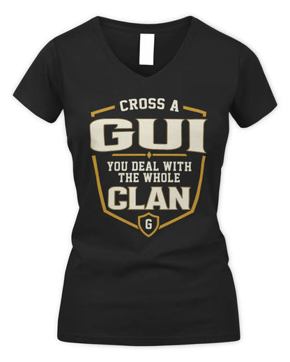 GUI NT1-K008 Cross A/An NAME, You Deal With the Whole Clan | Personalized Vintage T-Shirt - Women's V-Neck T-Shirt - Black