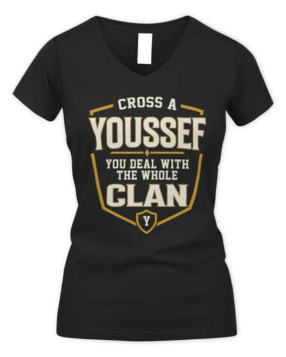 YOUSSEF NT1-K008 Cross A/An NAME, You Deal With the Whole Clan | Personalized Vintage T-Shirt - Women's V-Neck T-Shirt - Black