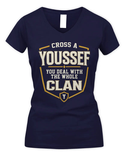 YOUSSEF NT1-K008 Cross A/An NAME, You Deal With the Whole Clan | Personalized Vintage T-Shirt - Women's V-Neck T-Shirt - Navy