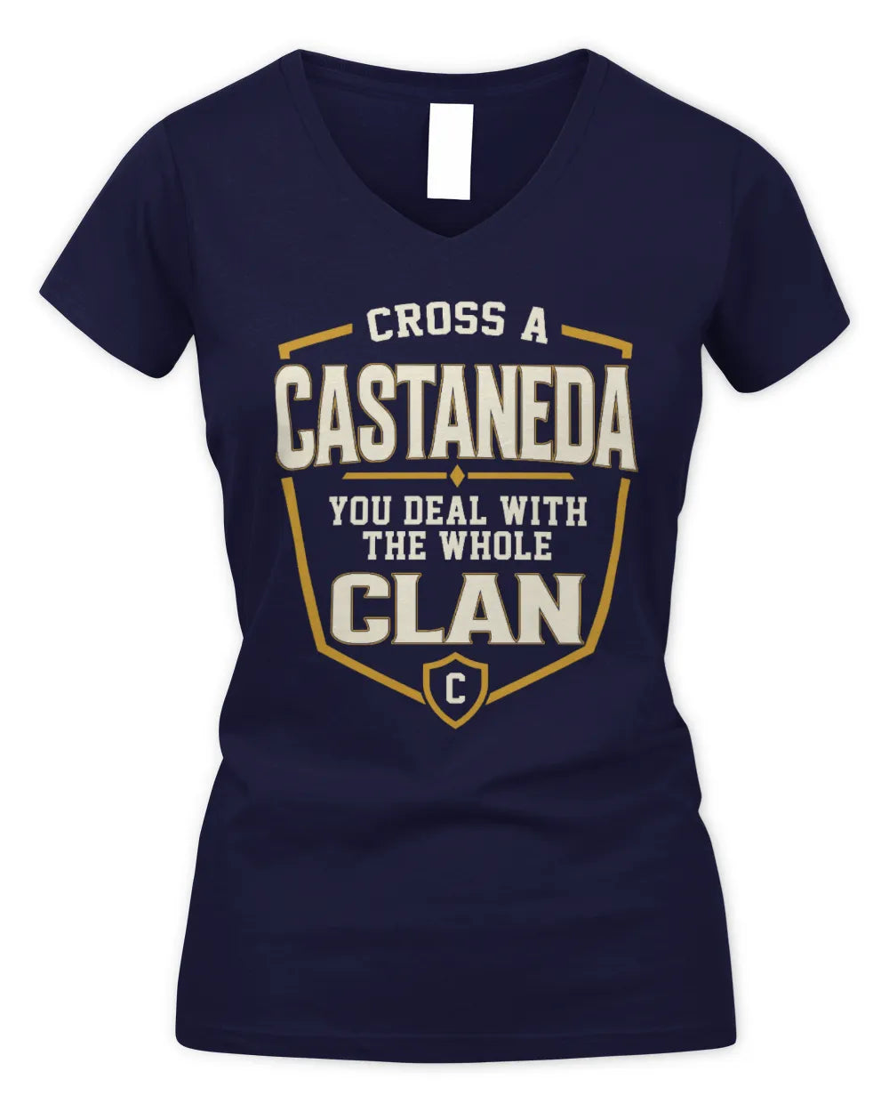 CASTANEDA NT1-K008 Cross A/An NAME, You Deal With the Whole Clan | Personalized Vintage T-Shirt - Women's V-Neck T-Shirt - Navy
