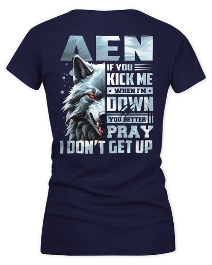 AEN AP62-K4-666 - Personalized Fierce Wolf Quote Apparel “If You Kick Me When I’m Down, You Better Pray I Don’t Get Up” - Women's V-Neck T-Shirt - Navy
