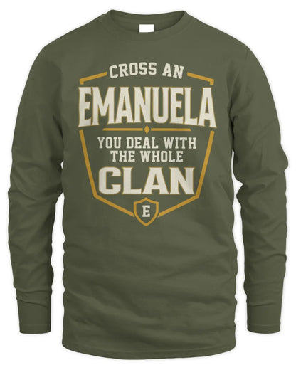 EMANUELA NT1-K008 Cross A/An NAME, You Deal With the Whole Clan | Personalized Vintage T-Shirt - Men's Long Sleeved T-Shirt - Military Green