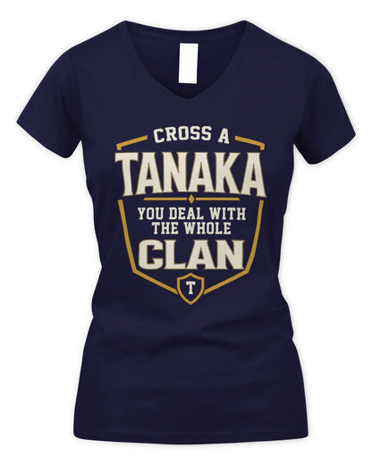 TANAKA NT1-K008 Cross A/An NAME, You Deal With the Whole Clan | Personalized Vintage T-Shirt - Women's V-Neck T-Shirt - Navy