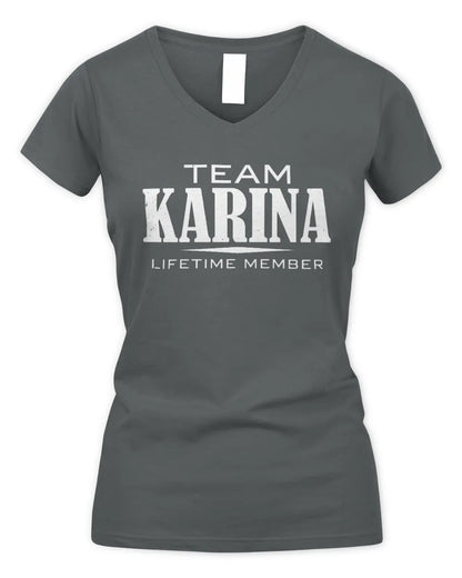 KARINA BL62-K4-128 - Personalized “Team NAME Lifetime Member” - Women's V-Neck T-Shirt - Charcoal