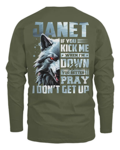 JANET AP62-K4-666 - Personalized Fierce Wolf Quote Apparel “If You Kick Me When I’m Down, You Better Pray I Don’t Get Up” - Men's Long Sleeved T-Shirt - Military Green