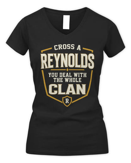 REYNOLDS NT1-K008 Cross A/An NAME, You Deal With the Whole Clan | Personalized Vintage T-Shirt - Women's V-Neck T-Shirt - Black