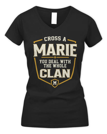 MARIE NT1-K008 Cross A/An NAME, You Deal With the Whole Clan | Personalized Vintage T-Shirt - Women's V-Neck T-Shirt - Black