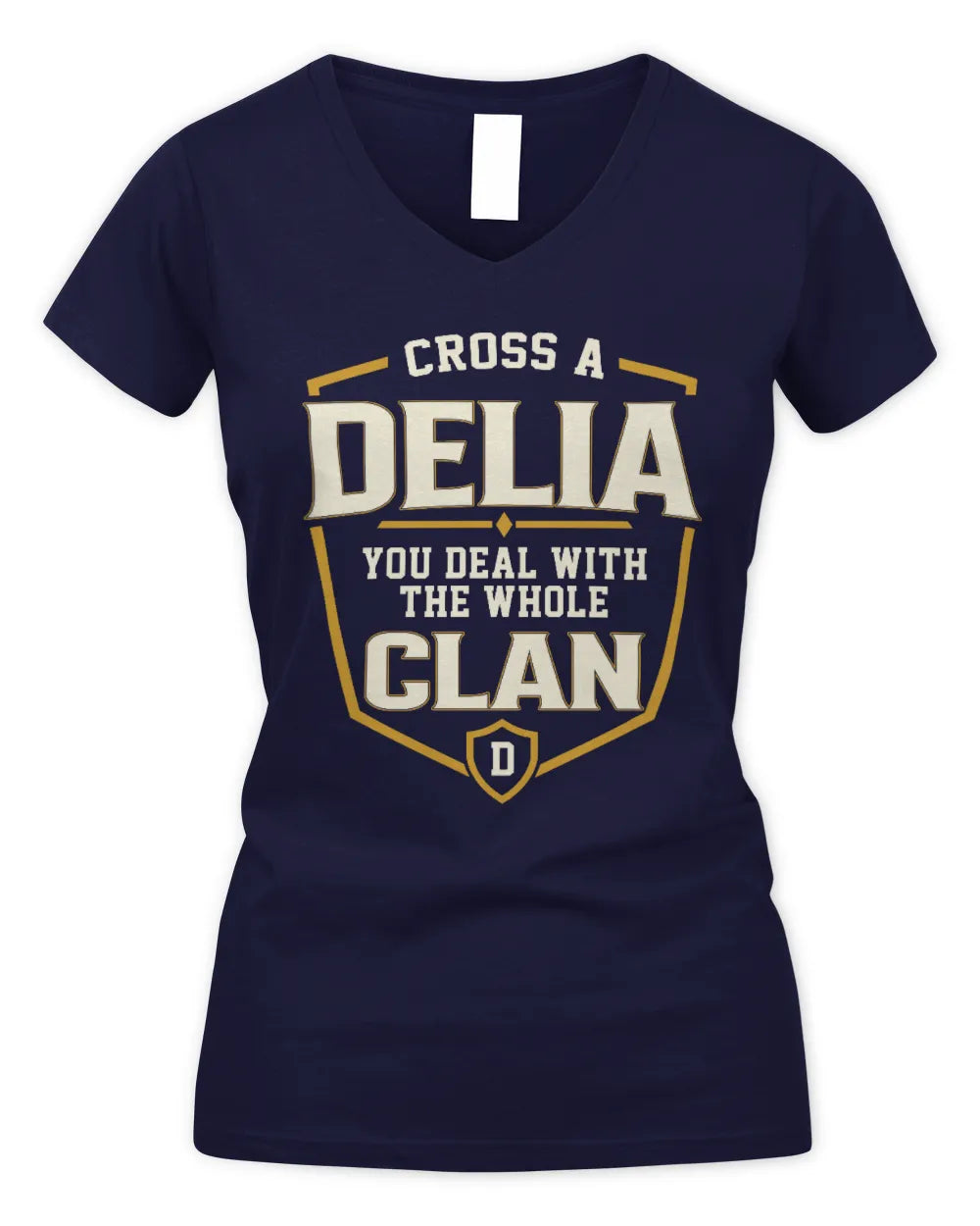 DELIA NT1-K008 Cross A/An NAME, You Deal With the Whole Clan | Personalized Vintage T-Shirt - Women's V-Neck T-Shirt - Navy