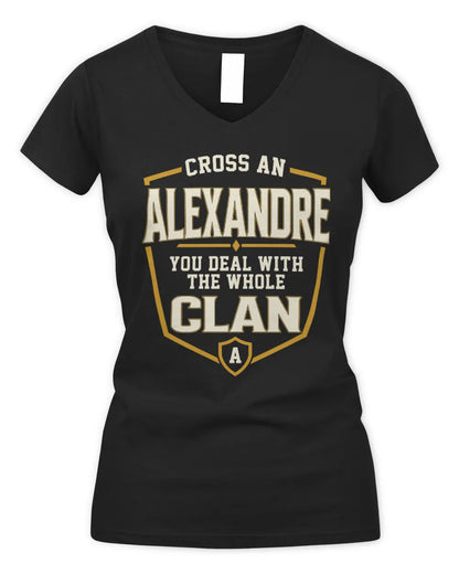 ALEXANDRE NT1-K008 Cross A/An NAME, You Deal With the Whole Clan | Personalized Vintage T-Shirt - Women's V-Neck T-Shirt - Black