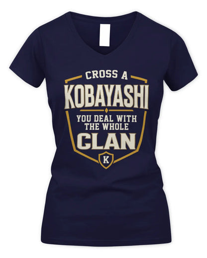 KOBAYASHI NT1-K008 Cross A/An NAME, You Deal With the Whole Clan | Personalized Vintage T-Shirt - Women's V-Neck T-Shirt - Navy