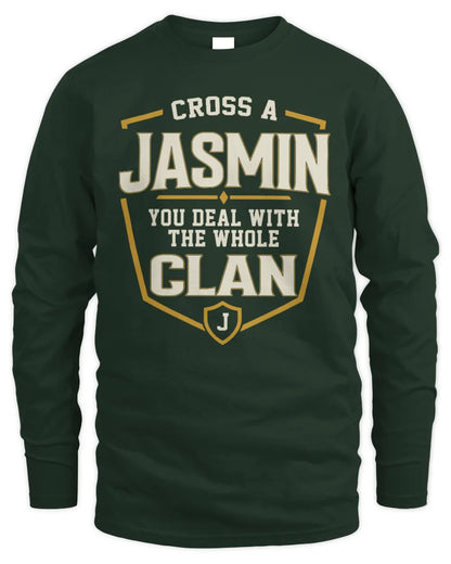JASMIN NT1-K008 Cross A/An NAME, You Deal With the Whole Clan | Personalized Vintage T-Shirt - Men's Long Sleeved T-Shirt - Forest Green